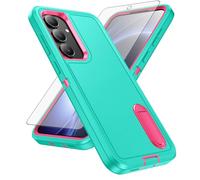 Asuwish Phone Case for Samsung Galaxy S25 FE 5G with Screen Protector Cell Cover Hybrid Hidden Stand Rugged Shockproof Hard Heavy Duty Protective S 25 EF S25FE 25S SM-S731B Women Men (Cyan+Rose Red)