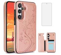 Asuwish Phone Case for Samsung Galaxy S25 FE 5G with Tempered Glass Screen Protector and Card Holder Wallet Cover Stand Flip Leather Cell Accessories S 25 EF S25FE 25S SM-S731B Women Men Rose Gold