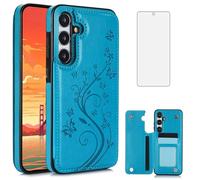 Asuwish Phone Case for Samsung Galaxy S25 FE 5G with Tempered Glass Screen Protector and Card Holder Wallet Cover Stand Flip Leather Cell Accessories S 25 EF S25FE 25S SM-S731B Women Men Blue