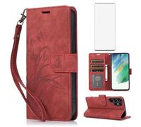 Asuwish Phone Case for Samsung Galaxy S25 Ultra 5G Wallet Cover with Tempered Glass Screen Protector Wrist Strap Credit Card Holder Flower Stand Cell S25Ultra 25S S 25 25Ultra 6.9 2025 Women Men Red