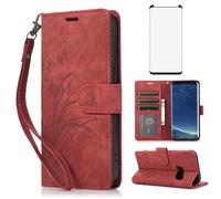 Asuwish Phone Case for Samsung Galaxy S8 Wallet Cover with Tempered Glass Screen Protector Wrist Strap Credit Card Holder Flip Flower Stand Slot Cell Folio Purse S 8 8S Edge SM-G950U Women Men Red