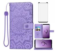 Asuwish Phone Case for Samsung Galaxy S9 Wallet Cases with Tempered Glass Screen Protector and Sunflower Leather Slim Flip Cover Card Holder Stand Cell Accessories S 9 Edge 9S GS9 Women Purple