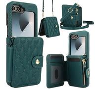 Asuwish Phone Case for Samsung Galaxy Z Flip 6 5G 2024 RFID Blocking Wallet Cell Zipper Cover with Crossbody Strap Hinge Protection Card Holder ZFlip6 Z6 G Flip6 ZFlip 6Z Women Men Green