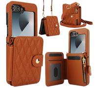 Asuwish Phone Case for Samsung Galaxy Z Flip 6 5G 2024 RFID Blocking Wallet Cell Zipper Cover with Crossbody Strap Hinge Protection Card Holder ZFlip6 Z6 G Flip6 ZFlip 6Z Women Men Brown