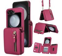Asuwish Phone Case for Samsung Galaxy Z Flip 6 5G 2024 RFID Blocking Wallet Cell Zipper Cover with Crossbody Strap Shoulder Lanyard Credit Card Holder Slot Stand ZFlip6 Z6 G Flip6 ZFlip 6Z Women Red