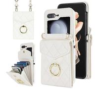 Asuwish Phone Case for Samsung Galaxy Z Flip 6 5G 2024 Wallet Cover with RFID Blocking Crossbody Wrist Strap Credit Card Holder Purse Cell Accessories ZFlip6 Z6 G Flip6 6Z Women Men Girls Off White