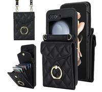 Asuwish Phone Case for Samsung Galaxy Z Flip 6 5G 2024 Wallet Cover with RFID Blocking Crossbody Wrist Strap Credit Card Holder Mobile Purse Cell Accessories ZFlip6 Z6 G Flip6 6Z Women Men Girls Black