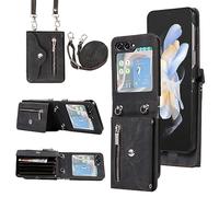 Asuwish Phone Case for Samsung Galaxy Z Flip 6 5G 2024 Wallet Cover with Shoulder Crossbody Strap Lanyard Credit Slot Card Holder Stand Leather Mobile Cell ZFlip6 Z6 G Flip6 6Z Women Men Girls Black