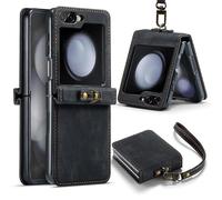 Asuwish Phone Case for Samsung Galaxy Z Flip 6 5G/Z Flip7 FE Cell Cover with Wrist Strap Thin Slim Shockproof Shell Rugged PU Faux Leather Protective ZFlip6 Z6 G Flip6 ZFlip 6Z 7FE Women Men Black