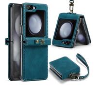 Asuwish Phone Case for Samsung Galaxy Z Flip 6 5G/Z Flip7 FE Cell Cover with Wrist Strap Thin Slim Shockproof Shell Rugged PU Faux Leather Protective ZFlip6 Z6 G Flip6 ZFlip 6Z 7FE Women Men Blue