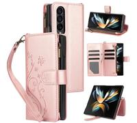 Asuwish Phone Case for Samsung Galaxy Z Fold 3 5G 2021 Wallet Cell Cover with Wrist Lanyard Strap Flower Flip Zipper Credit Card Holder Slot Stand ZFold3 Z3 Fold3 3Z ZFold35G Women Girls Rose Gold