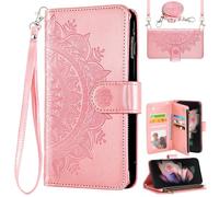 Asuwish Phone Case for Samsung Galaxy Z Fold 3 5G 2021 Wallet Flip Cover and Mandala Flower Leather Credit Card Holder Stand Cell Accessories Magnetic ZFold3 Z3 Fold3 3Z ZFold35G Women Girls Rose Gold