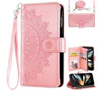 Asuwish Phone Case for Samsung Galaxy Z Fold 4 5G 2022 Wallet Flip Cover and Mandala Flower Leather Credit Card Holder Stand Cell Accessories Magnetic ZFold4 Z4 Fold4 4Z ZFold45G Women Girls Rose Gold