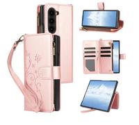 Asuwish Phone Case for Samsung Galaxy Z Fold 5 5G 2023 Wallet Cell Cover with Wrist Lanyard Strap Flower Leather Flip Zipper Credit Card Holder Slot Stand ZFold5 Z5 G Fold5 5Z Women Girls Rose Gold