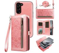 Asuwish Phone Case for Samsung Galaxy Z Fold 6 5G 2024 Zipper Wallet Magnetic Detachable Cell Cover with Crossbody Lanyard Strap Flower Card Holder ZFold6 ZFold Z6 G Fold6 6Z Women Men Girls Rose Gold