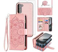 Asuwish Phone Case for Samsung Galaxy Z Fold 6 5G 2024 Zipper Wallet Magnetic Detachable Cell Cover with Crossbody Lanyard Strap Mandala Flower Card Holder ZFold6 Z6 G Fold6 6Z Women Girls Rose Gold