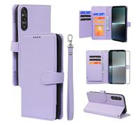 Asuwish Phone Case for Sony Xperia 1 V 2023 Wallet Cover and Tempered Glass Screen Protector Leather Card Holder Slot Stand Rugged Mobile Flip Credit Soft TPU Cell Accessories 1V 5G Women Men Purple
