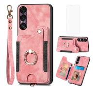 Asuwish Phone Case for Sony Xperia 1 VII Wallet Cover with Tempered Glass Screen Protector and Wrist Strap Lanyard RFID Credit Card Holder Ring Stand Cell Accessories XQ-FS54 Sony1-7 Women Men Pink