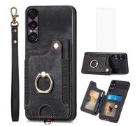 Asuwish Phone Case for Sony Xperia 1 VII Wallet Cover with Tempered Glass Screen Protector and Wrist Strap Lanyard RFID Credit Card Holder Ring Stand Cell Accessories XQ-FS54 Sony1-7 Women Men Black