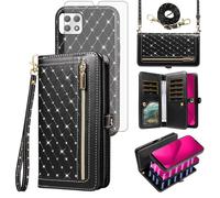 Asuwish Phone Case for T-Mobile Revvl 7 5G Zipper Wallet Detachable Cell Cover with Screen Protector Crossbody Strap Bling Flip Credit Card Holder Revvl7 T Mobile Revel Tmo Revell Rebel Women Black