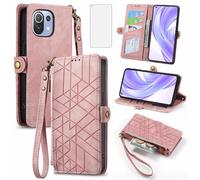 Asuwish Phone Case for Xiaomi Mi 11 Lite 4G/5G Wallet Cover with Tempered Glass Screen Protector and Wrist Strap Flip Zipper Card Holder Stand Cell Accessories Mi11Lite Mi11 11Lite G5 Women Men Pink