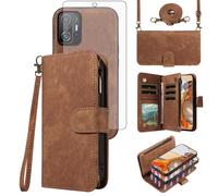 Asuwish Phone Case for Xiaomi Mi 11T/Mi11T Pro 5G Zipper Wallet Detachable Magnetic Cover with Tempered Glass Screen Protector Crossbody Lanyard Strap Flip Card Holder Slot Mi11TPro T11 G5 Women Brown