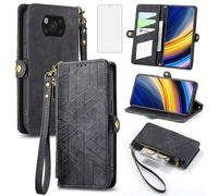 Asuwish Phone Case for Xiaomi Poco X3 Pro/PocoX3 NFC/Poco X3 Wallet Cover with Tempered Glass Screen Protector and Flip Zipper Credit Card Holder Stand Cell Mi PocoX3NFC Pocco X 3 3X PocoX3Pro Black