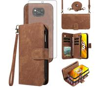 Asuwish Phone Case for Xiaomi Poco X3 Pro/PocoX3 NFC/Poco X3 Zipper Wallet Detachable Magnetic Cover with Tempered Glass Screen Protector Crossbody Lanyard Mi PocoX3NFC Pocco X 3 3X PocoX3Pro Brown