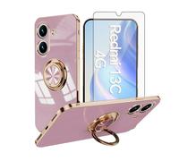 Asuwish Phone Case for Xiaomi Redmi 13C 5G/13 C 4G/Poco C65 and Ring Holder Kickstand with Tempered Glass Screen Protector Cover Slim Soft Silicone Protective Cell Accessories C13 65C Women Men Purple