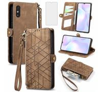Asuwish Phone Case for Xiaomi Redmi 9A 9AT Redme 9i Wallet Cover with Tempered Glass Screen Protector and Wrist Strap Leather Flip Zipper Credit Card Holder Cell Redmi9A A9 Redmi9i i9 Women Men Brown