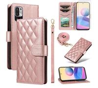 Asuwish Phone Case for Xiaomi Redmi Note 10 5G Wallet Cover with Tempered Glass Screen Protector and Wrist Strap Lanyard Card Holder Slot Stand Flip Cell Poco M3 Pro/Redme Note 10T Women Men Rose Gold