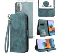 Asuwish Phone Case for Xiaomi Redmi Note 10 Pro Wallet Cell Cover with Tempered Glass Screen Protector Crossbody Lanyard Strap Flip Zipper Credit Card Holder Redme Note10 10Pro Max Women Men Blue