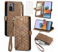 Asuwish Phone Case for Xiaomi Redmi Note 10 Pro Wallet Cover with Tempered Glass Screen Protector and Leather Flip Zipper Credit Card Holder Cell Accessories Redme Note10 10Pro Max Women Men Brown
