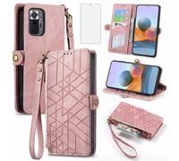 Asuwish Phone Case for Xiaomi Redmi Note 10 Pro Wallet Cover with Tempered Glass Screen Protector and Leather Flip Zipper Credit Card Holder Cell Accessories Redme Note10 10Pro Max Women Men Pink