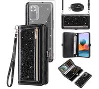 Asuwish Phone Case for Xiaomi Redmi Note 10 Pro Zipper Wallet Detachable Cell Cover with Tempered Glass Screen Protector Strap Bling Glitter Flip Card Holder Redme Note10 10Pro Max Women Girls Black