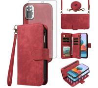 Asuwish Phone Case for Xiaomi Redmi Note 10 Pro Zipper Wallet Detachable Magnetic Cover with Tempered Glass Screen Protector Crossbody Lanyard Strap Card Holder Slot Redme Note10 10Pro Max Women Red