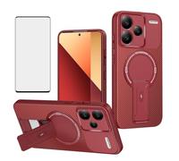 Asuwish Phone Case for Xiaomi Redmi Note 13 Pro Plus 5G Magnetic Carbon Fiber Cover with Tempered Glass Screen Protector and Protective Hard Stand Mobile Cell Accessories 13Pro+ 13Pro Pro+ Women Red