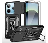 Asuwish Phone Case for Xiaomi Redmi Note 14 4G / 5G with Tempered Glass Screen Protector and Magnetic Ring Holder Kickstand Slide Camera Cover Cell Accessories Note14 G4 G5 2025 Women Men Black