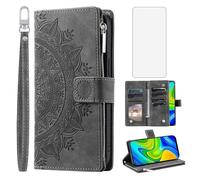 Asuwish Phone Case for Xiaomi Redmi Note 9 / Redmi 10X 4G Wallet Cover With Tempered Glass Screen Protector and Wrist Strap Mandala Flower Leather Flip Zipper Card Holder Cell Redme Note9/X10 Men Grey