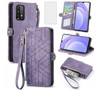 Asuwish Phone Case for Xiaomi Redmi Note 9 / Redmi 10X 4G Wallet Cover with Tempered Glass Screen Protector and Flip Zipper Credit Card Holder Stand Cell Accessories Redme Note9/X10 Women Men Purple