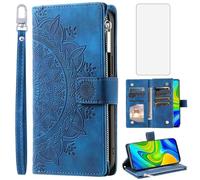 Asuwish Phone Case for Xiaomi Redmi Note 9 / Redmi 10X 4G Wallet Cover With Tempered Glass Screen Protector and Wrist Strap Mandala Flower Leather Flip Zipper Card Holder Cell Redme Note9/X10 Men Blue