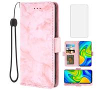 Asuwish Phone Case for Xiaomi Redmi Note 9 / Redmi 10X 4G with Tempered Glass Screen Protector and Marble Wallet Cover Flip Card Holder Slot Stand Cell Accessories Redme Note9/X10 Women Men Pink