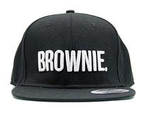 ASVP Shop® 5-Panel Snapback Cap with Embroidered 'Brownie' Lettering Flat Peak and Stylish Retro Hiphop/Rapper Design in Black with White Text - Size Adjustable