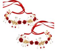 Aswewamt 2 Pcs Flower Crown Headband Rhinestone Pearl Tiara Red Rose Bride Crown Crystal Headband Wedding Headpiece Hair Jewelry for Women