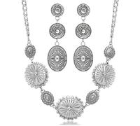 Aswitnove 2 Pcs Concho Western Necklace Earrings Jewelry Set for Women Vintage Cowgirl Dangle Earrings Boho Choker Necklaces Western Country Concert Outfits for Women Concho Jewelry Gift, Zinc, No