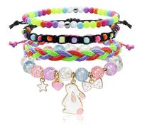 Aswitnove 4 Pcs Easter Braided Beaded Bunny Bracelets for Women Colorful Crystal Beads Stretch Bracelet Adjustable Woven Friendship Bracelets Cute Cartoon Bunny Bracelet Easter Egg Basket Fillers BZ