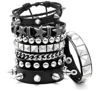 Aswitnove 6 Pcs Punk Rock Spiked Studded Bracelets Set for Women Men 80s Alt Gothic Grunge Emo Bracelets Accessories Retro Beaded Star Y2K Cuff Bracelet PU Snap Button Wristband for Rocker Outfits, M