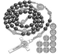 Aswitnove 8mm Hematite Rosary Beads Catholic for Men, Obsidian Rosary Necklace for Men with Jesus Christ Crucifix 10 St Benedict Medals Rosarios Catolicos Religious Black Rosary Amulet Gifts, Stone