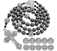 Aswitnove 8mm Hematite Rosary Beads Catholic for Men, Obsidian Rosary Necklace for Men with Jesus Christ Crucifix 10 St Benedict Medals Rosarios Catolicos Religious Black Rosary Amulet Gifts, Stone