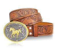 Aswitnove Cowboy Belt For Men Running Horse Western Buckle Belts Horsehead Engraved Brown Leather Belt, 1-1/2 Inch Wide, Brown Horsehead, 34"-37" Waist S